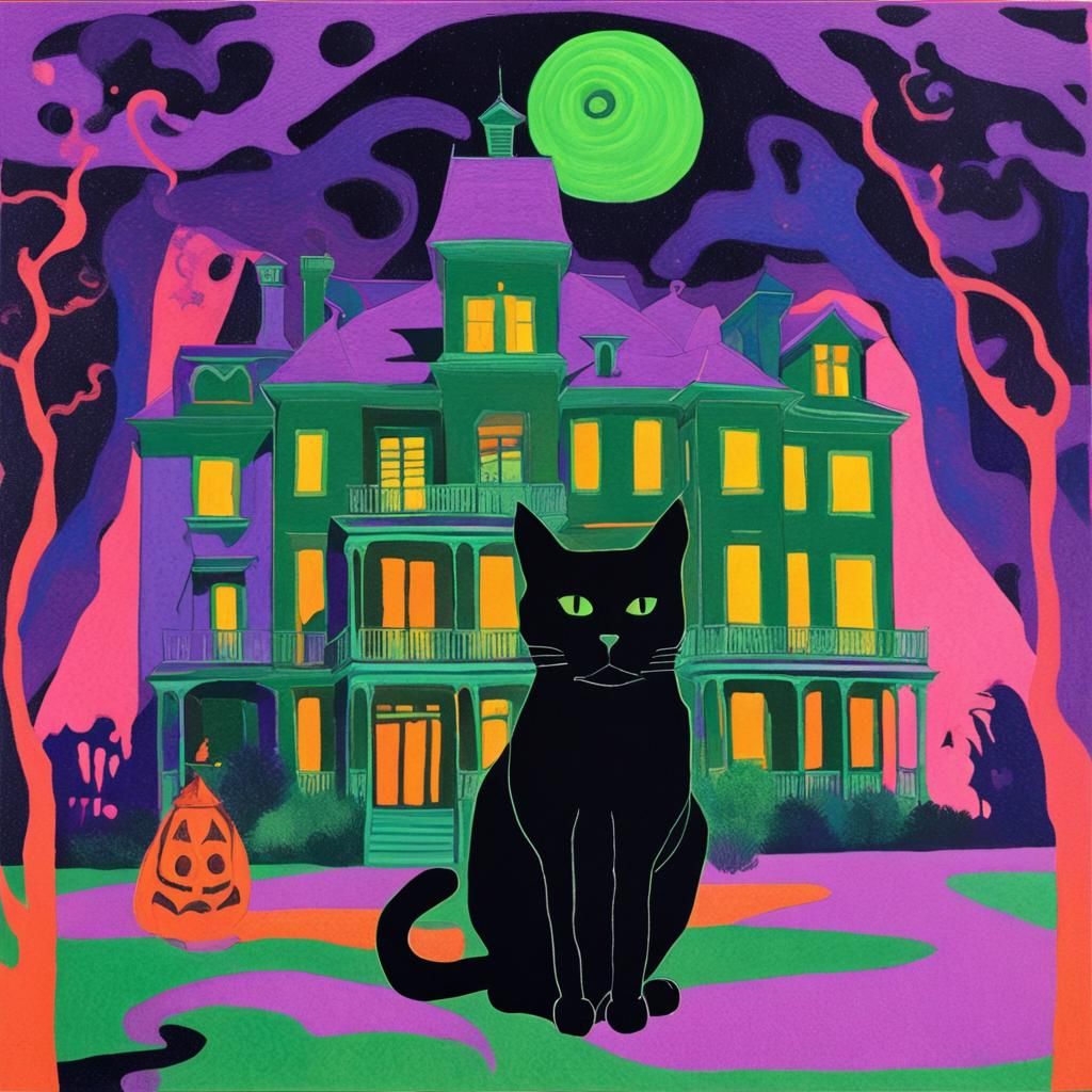 Black Cat and Haunted Mansion in Risograph Style