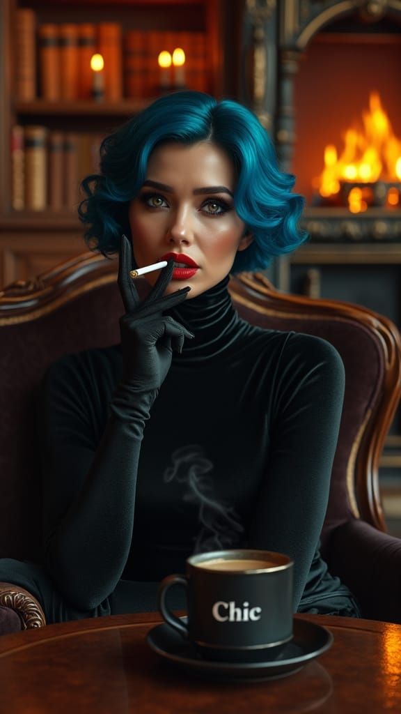 Sophisticated Woman in Velvet Armchair with Golden Fireplace