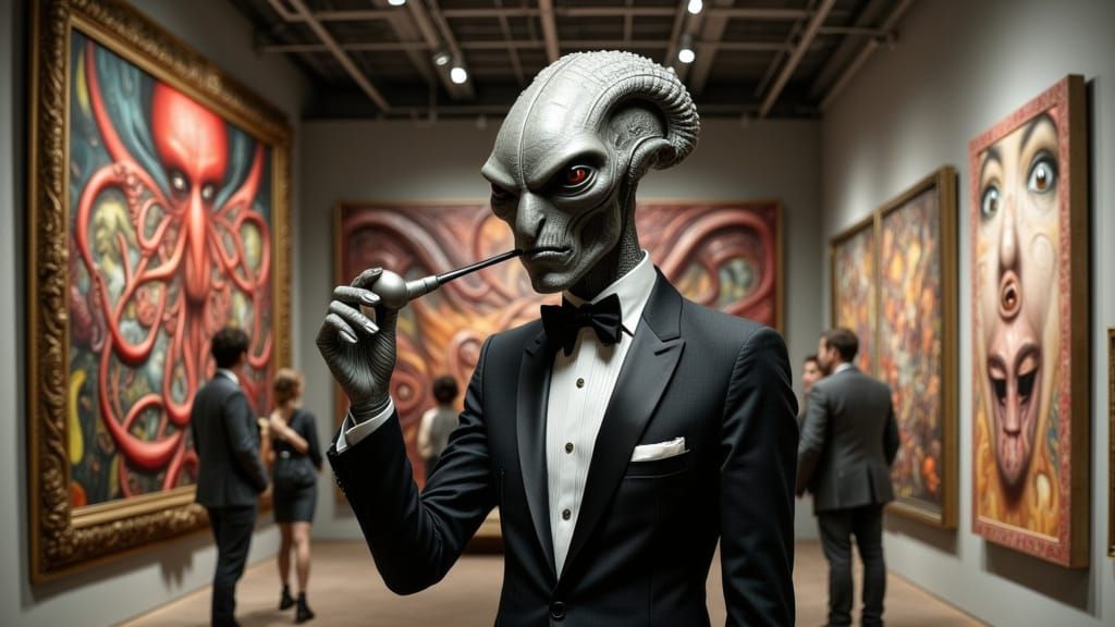 Alien Art Critic in Surreal Gallery of Abstract Art