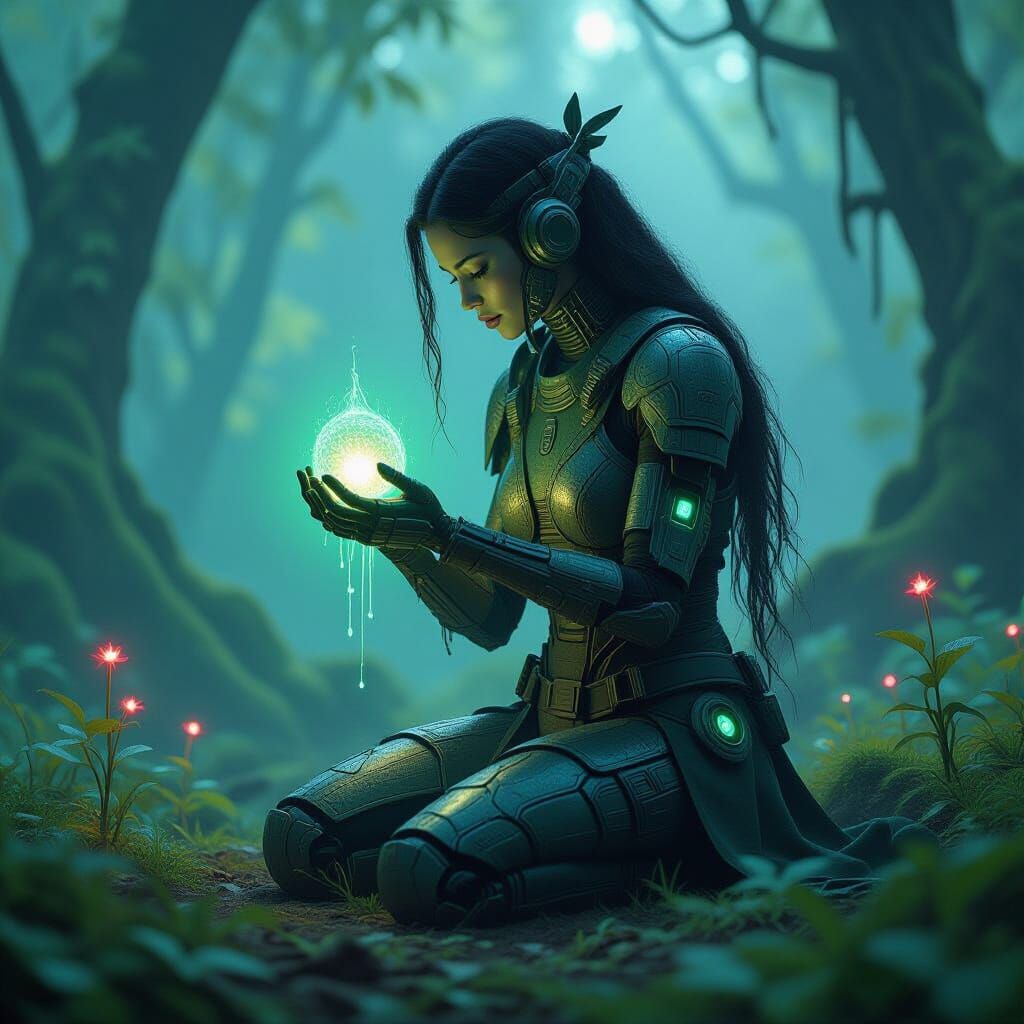 Cyborg Druidess in Bioluminescent Grove