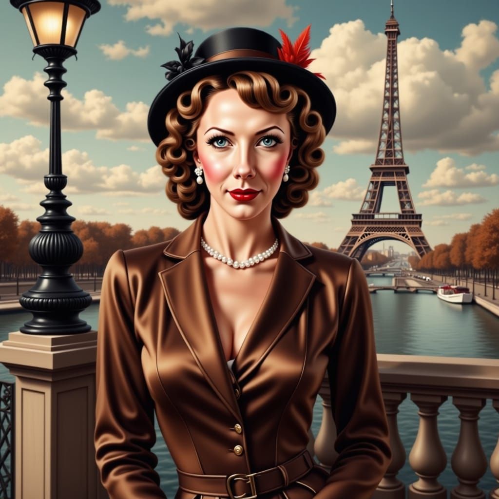 1940s Woman by Seine River in Film Noir Style