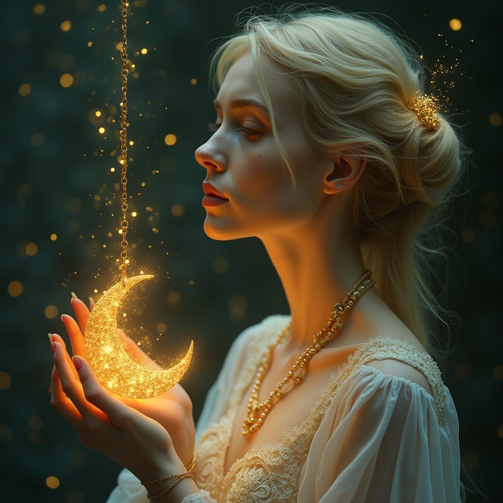 Ethereal Woman Holds Shimmering Fire and Moonlight Pendant