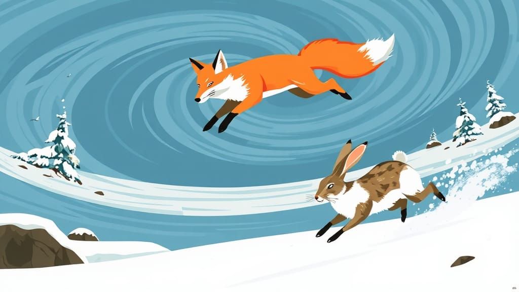 Arctic Fox and Hare in Stylized Geometric Illustration