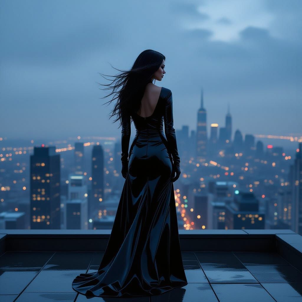 Figure in Latex on Rooftop Overlooking Neo-Noir Cityscape