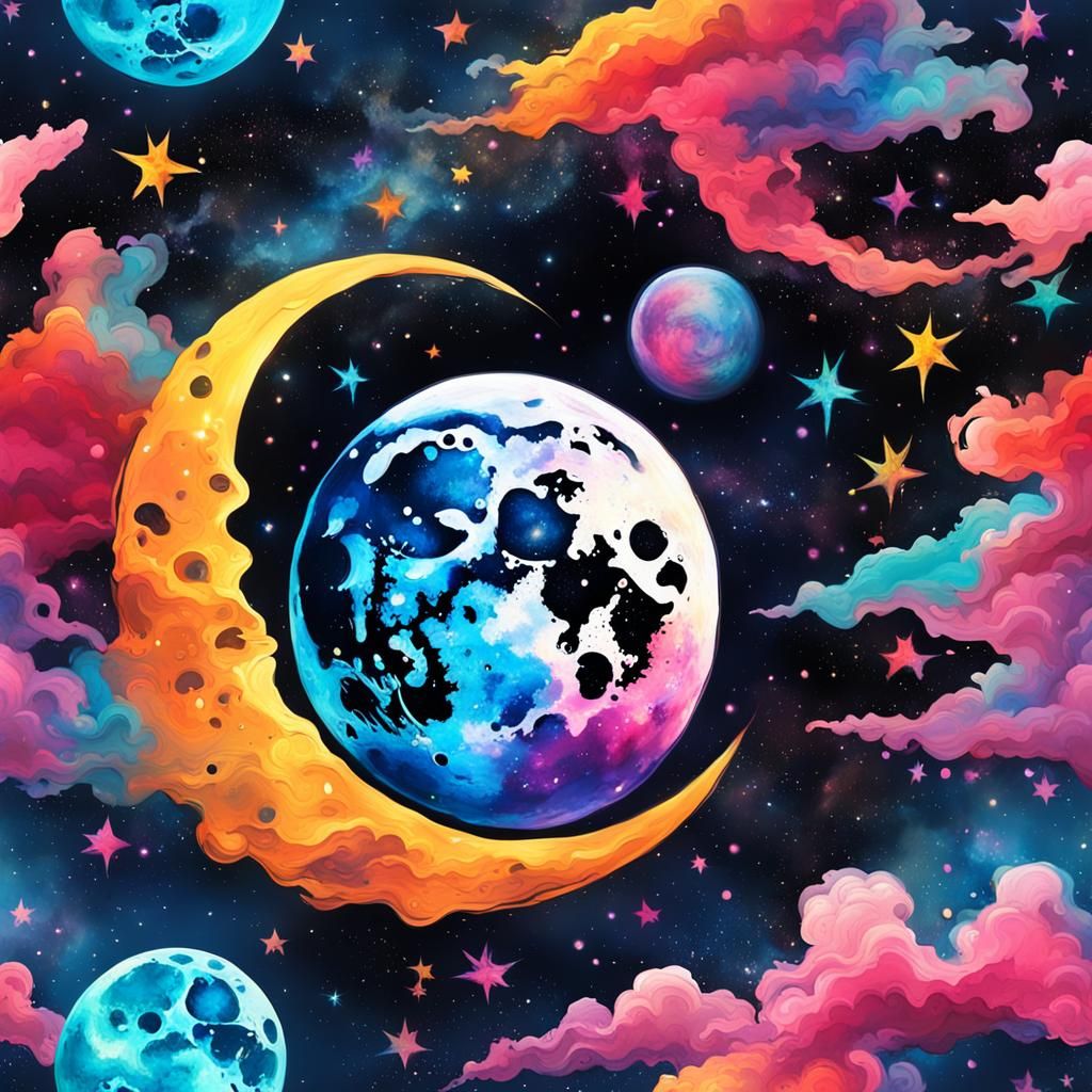 Tie-Dye Moon in Galaxy Sky: Graffiti Art