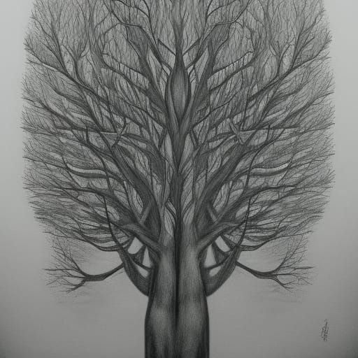 Hyperdetailed Charcoal Drawing of Aquarium Bonsai Tree