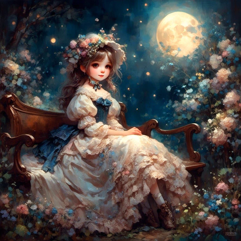 Victorian Girl in Moonlit Garden Fantasy Illustration