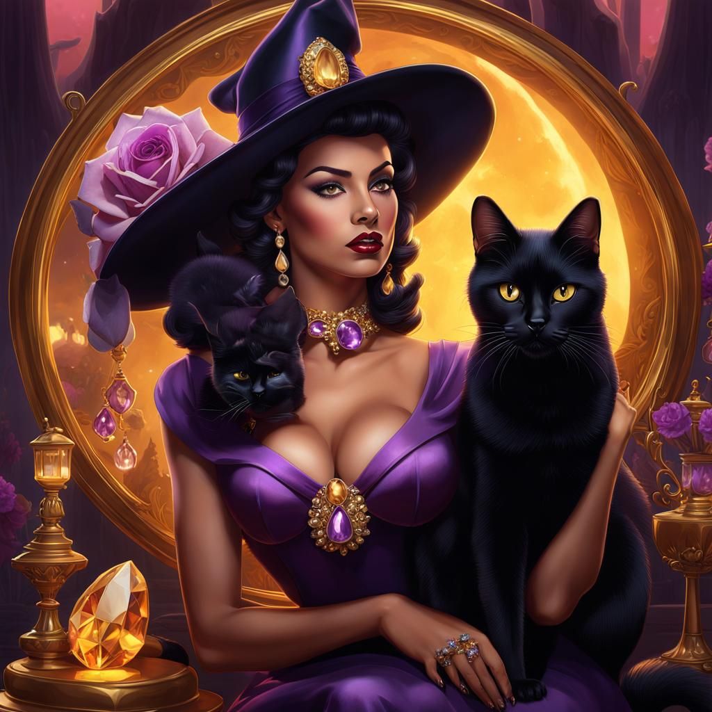 Bejeweled Witch with Black Cat, Pin-Up Art