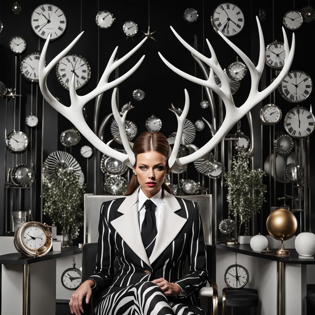Surreal Zebra Suit: Woman with Antlers in Biomorphic Office