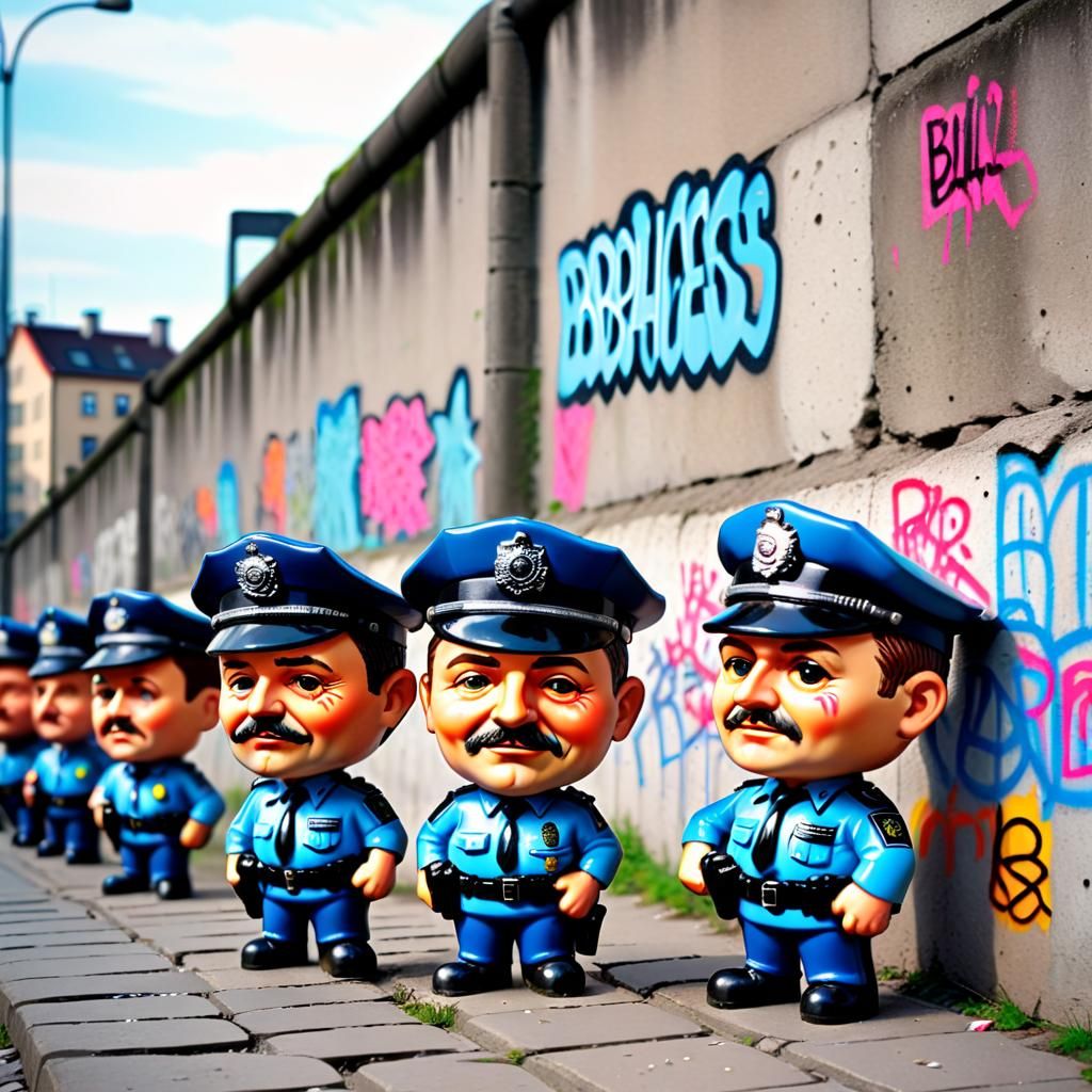 Cartoon Policemen Patrol Graffiti-Covered Berlin Wall