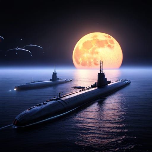 Futuristic Submarine Fleet at Night: 3D Render