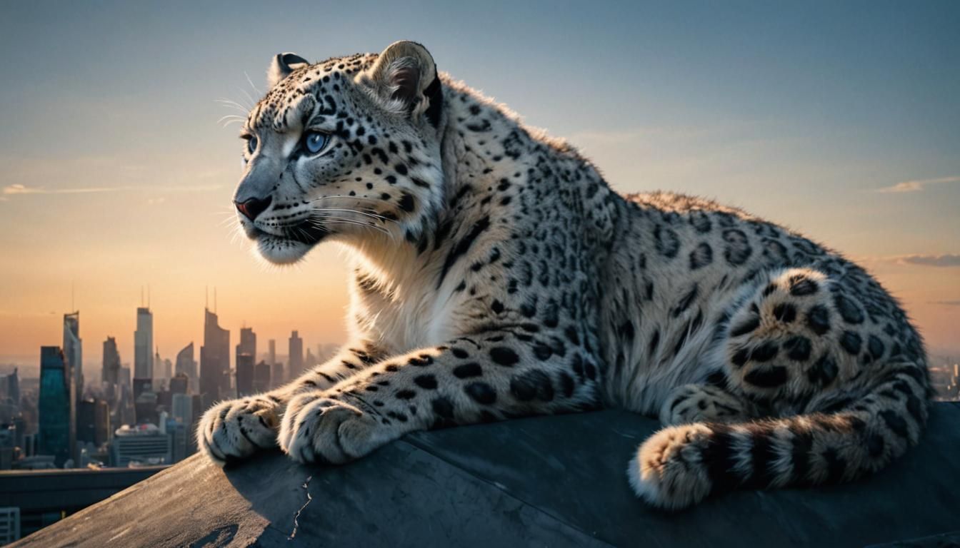 Newborn Snow Leopard on Skyscraper: Hyper-Realistic Macro Ph...
