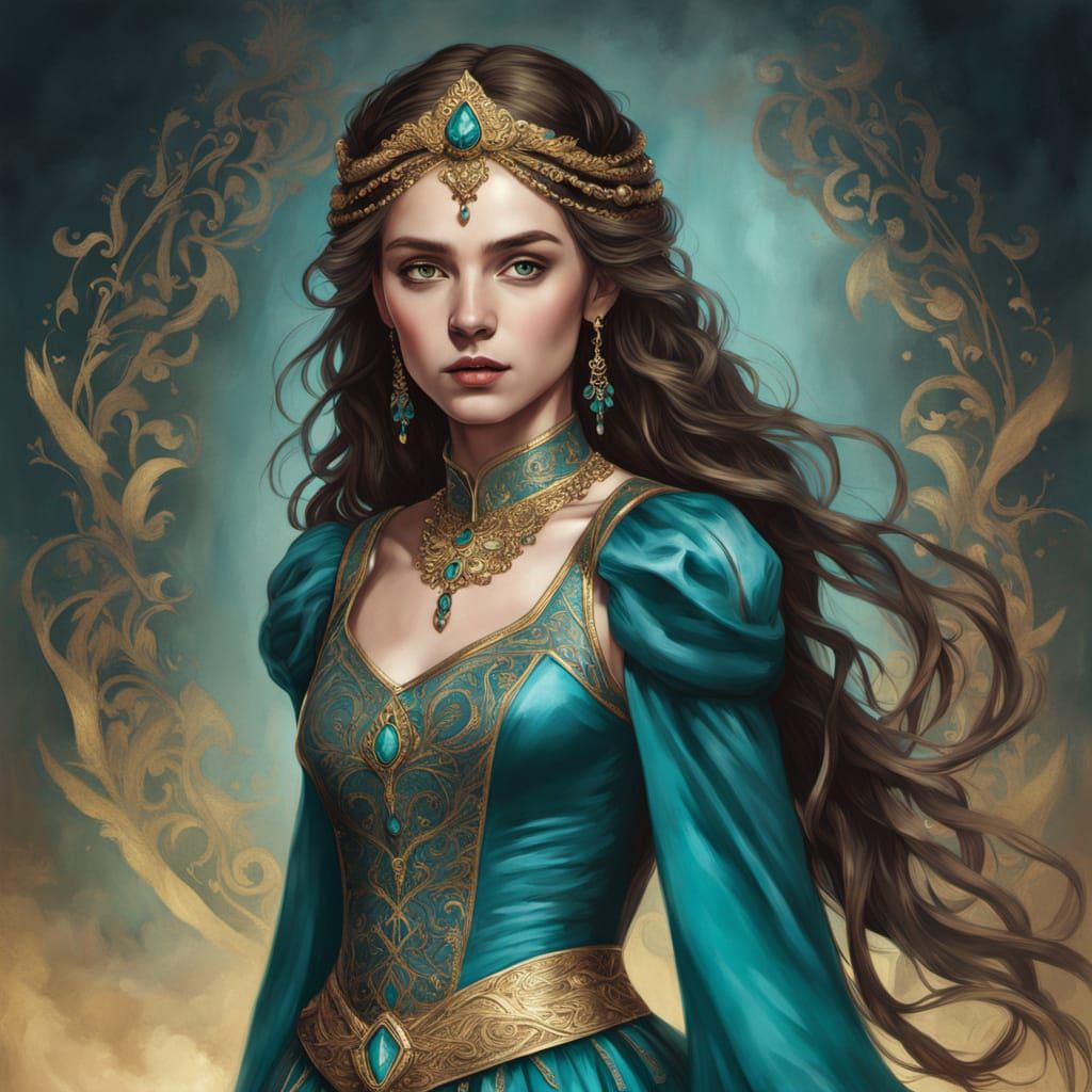 Regal Woman in Teal Gown with Silver Sword