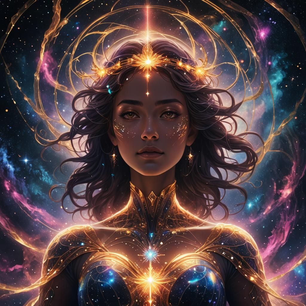 Celestial Being Radiating Light in Starry Sky