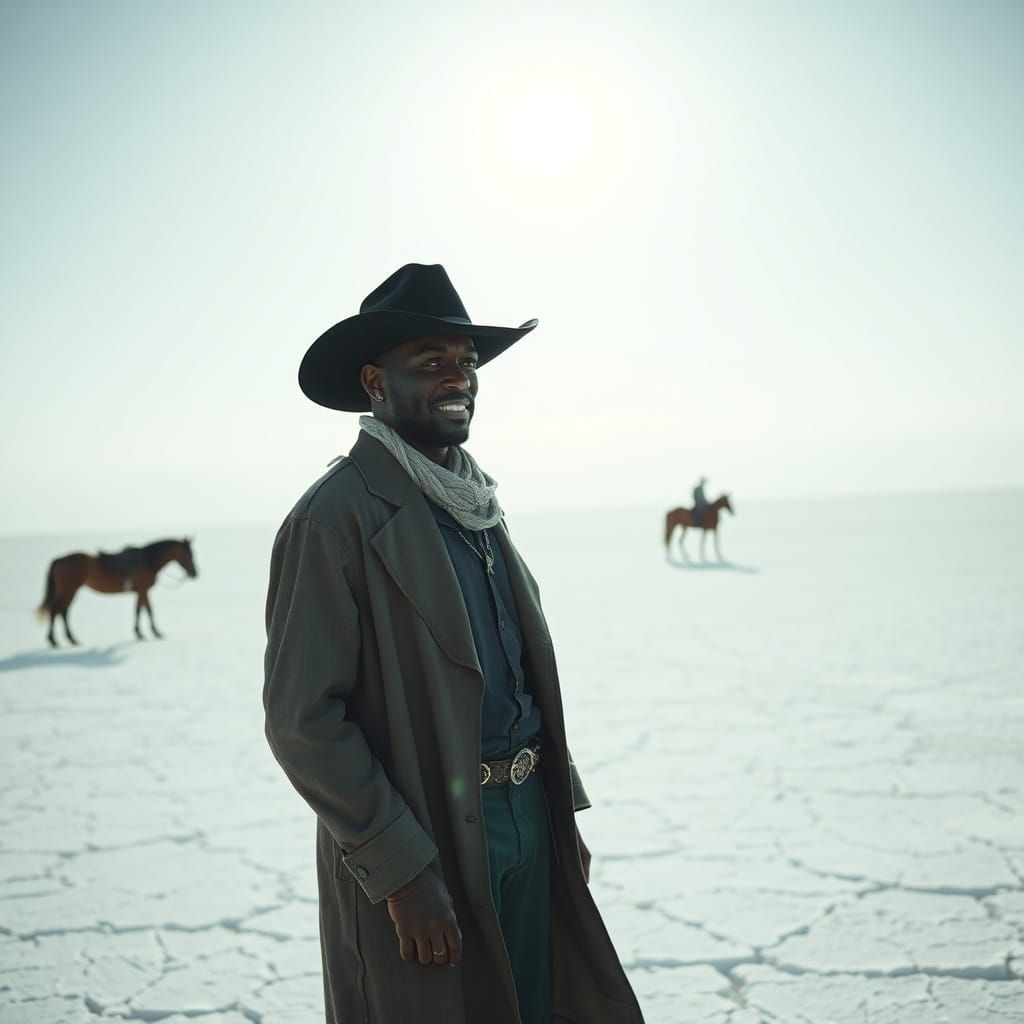 African American Cowboy in Stetson and Duster on Salt Flat