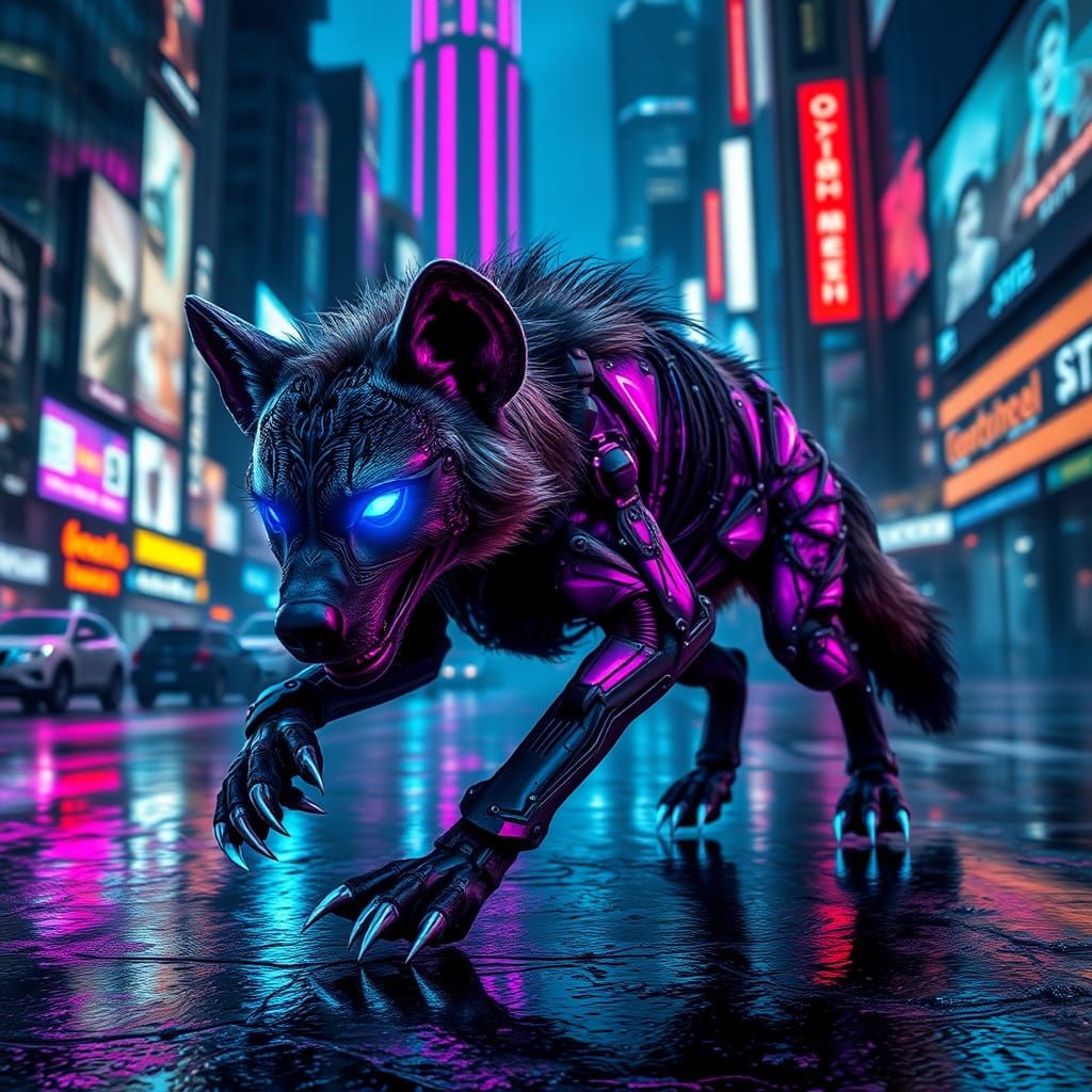 Cyberpunk Hyena Prowls Dystopian Metropolis