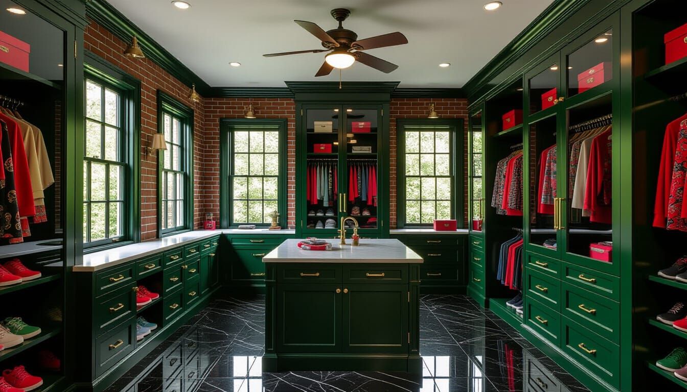 Victorian Walk-In Closet with Green Glass Cabinets