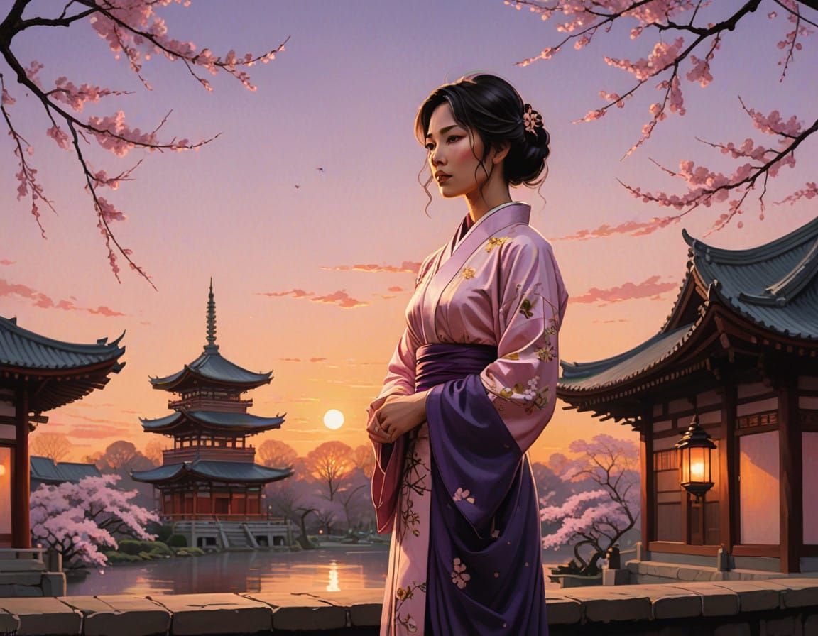 Serene Asian Woman in Sunset Landscape with Cherry Blossoms