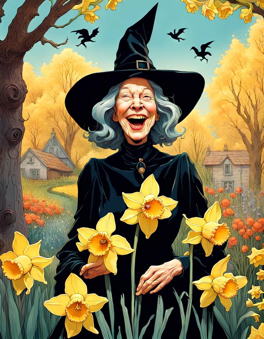 Whimsical Witch Laughing with Daffodil in Magical Garden