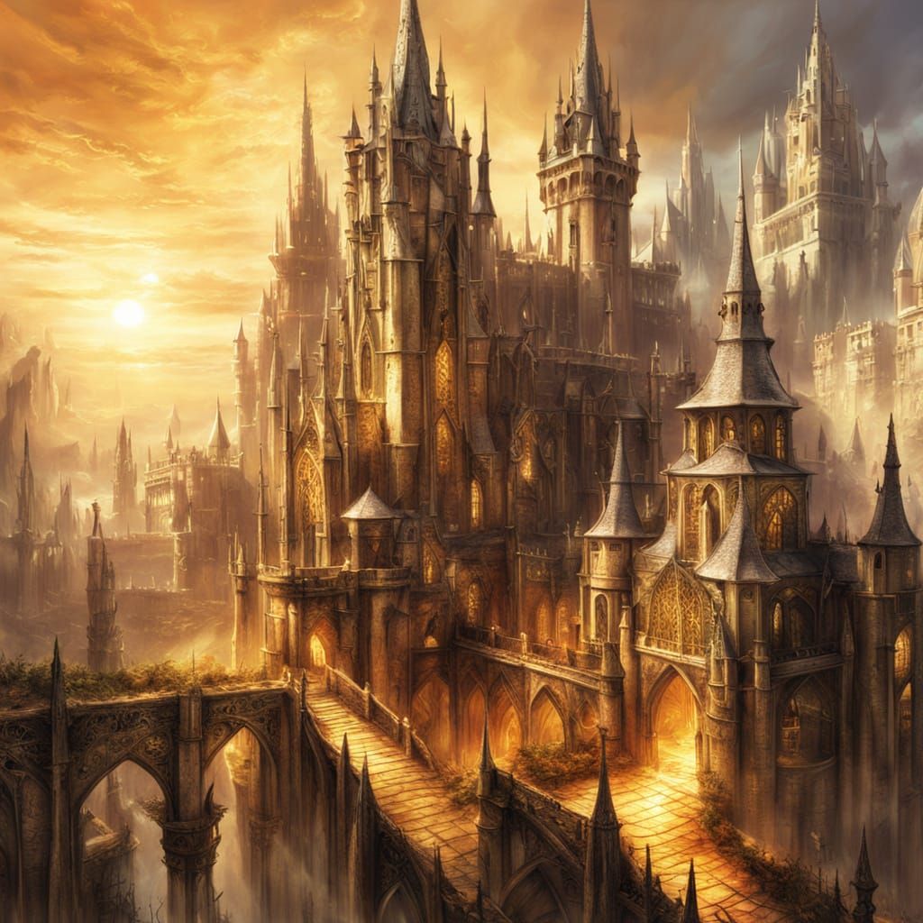 Elven City with Gothic Towers and Dragons in Golden Light