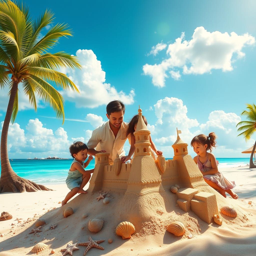 Vibrant Family Builds Elaborate Sandcastle on Sunny Beach