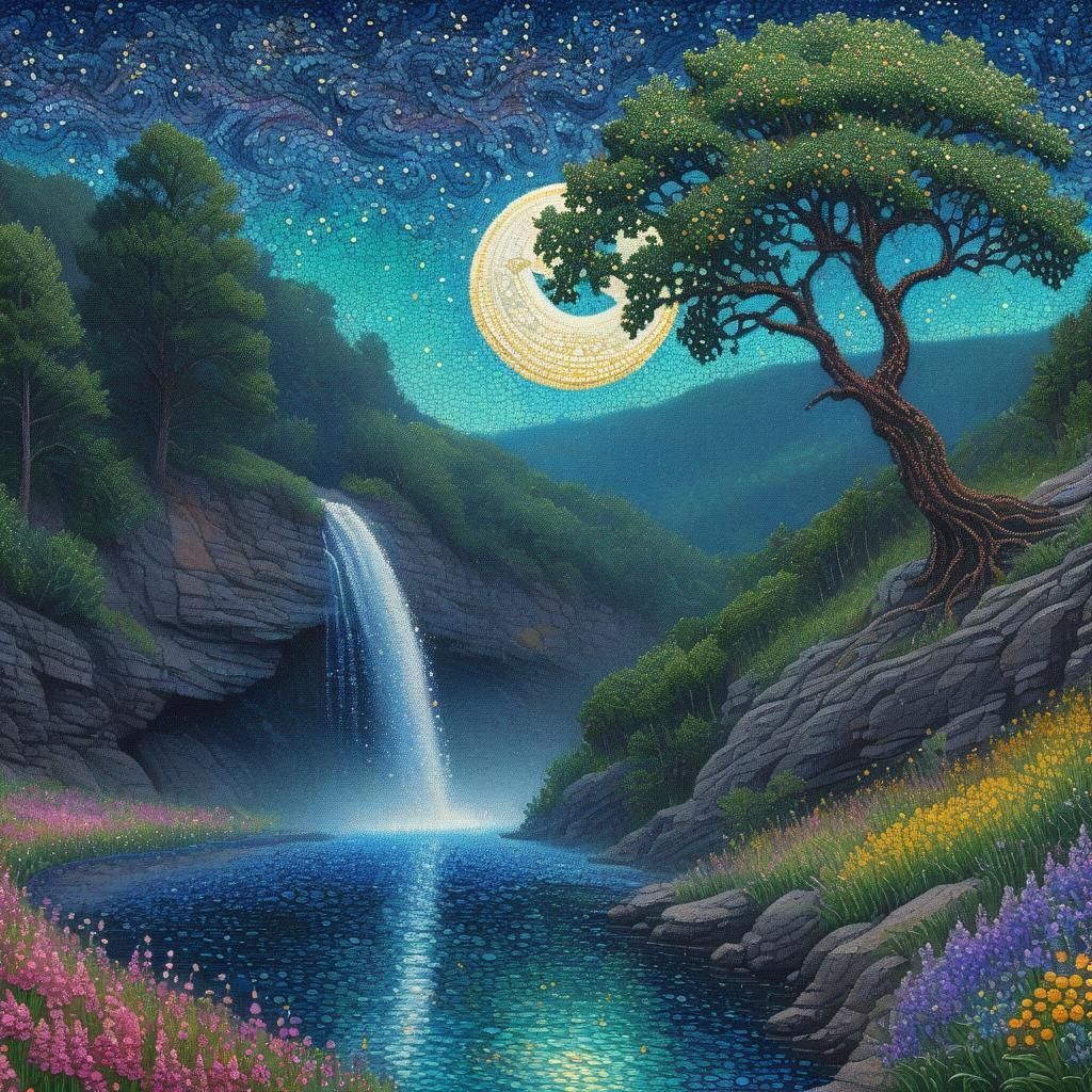 Pointillist Waterfall Landscape Under Crescent Moon