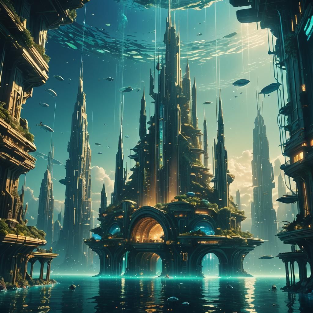 Futuristic Atlantean Kingdom in Glowing Blue Ocean