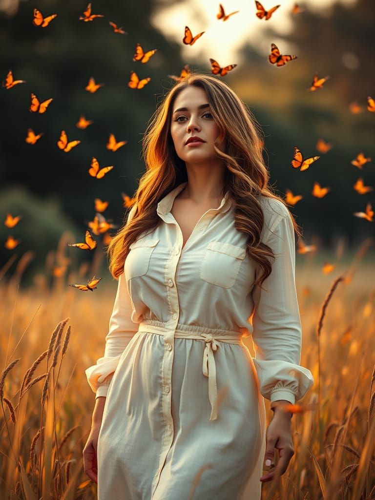Woman in Butterfly Field at Golden Hour