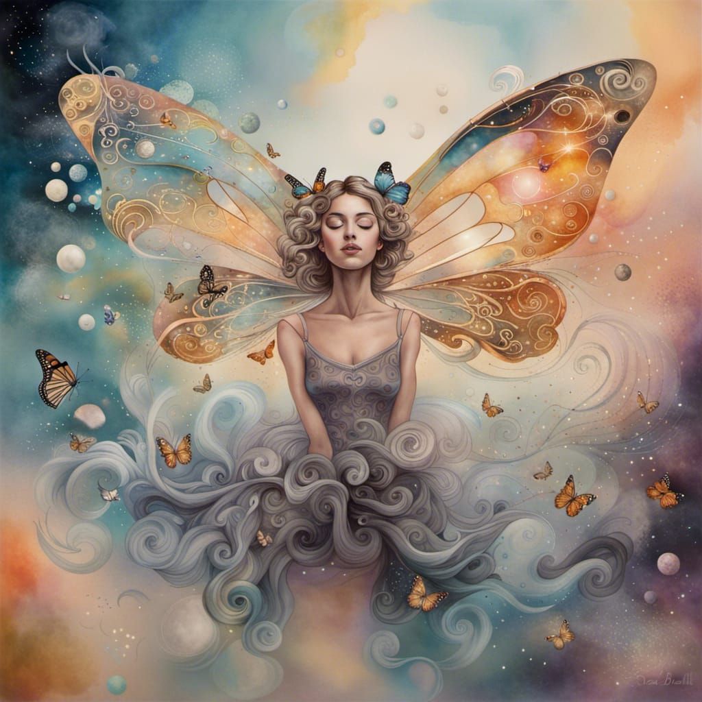 Ethereal Girl with Butterfly Wings in Surreal Landscape