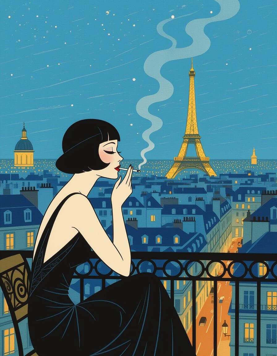 Woman on Parisian Terrace in Art Deco Style