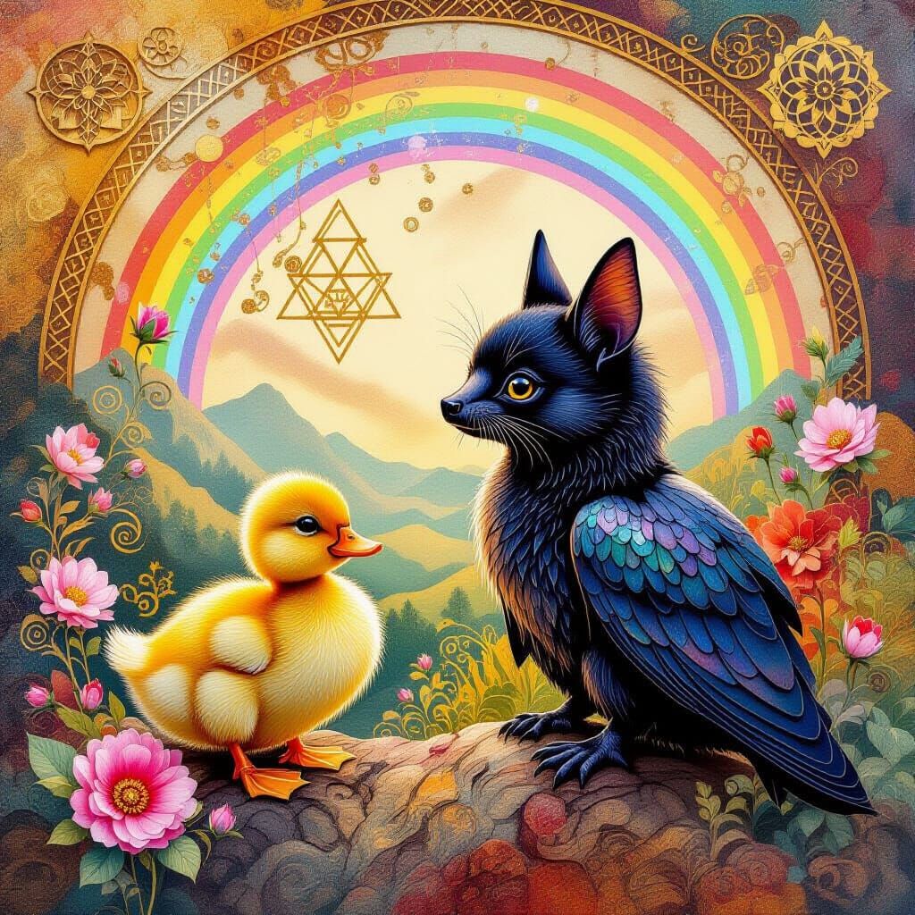 Dreamlike Bat and Duckling in Surrealist Landscape
