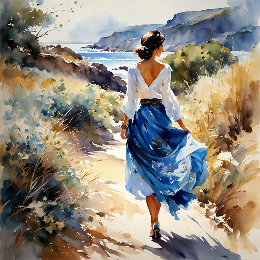 Woman Walking on Coast: Vintage Watercolour Painting