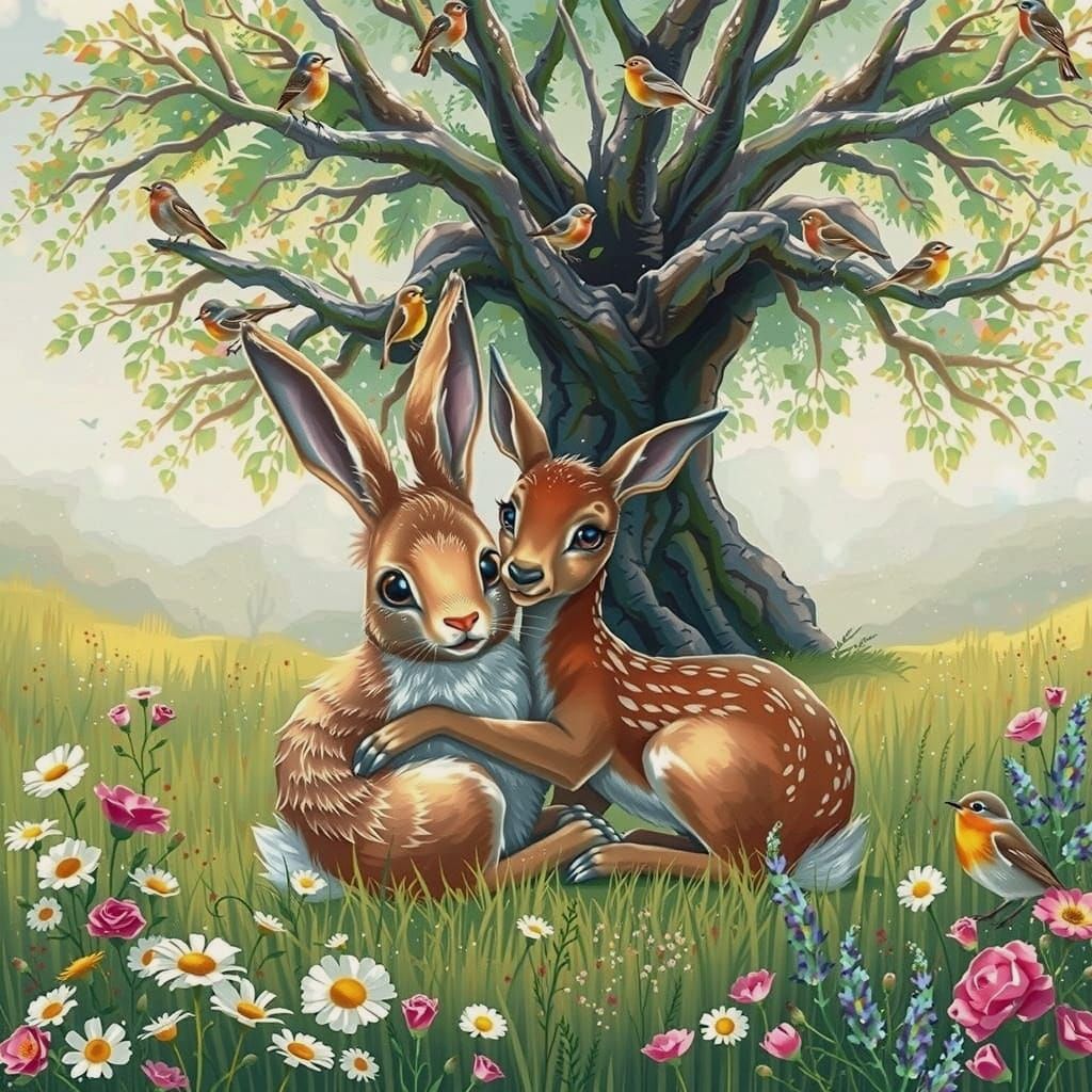 Whimsical Hare and Doe in Vibrant Floral Meadow