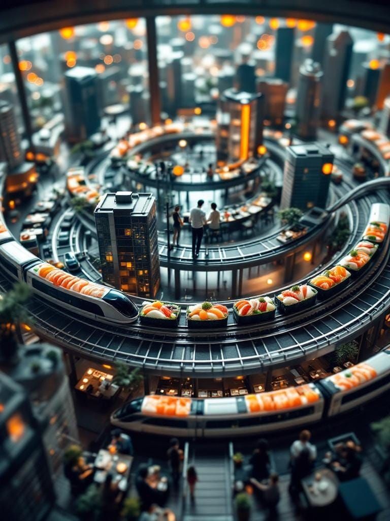 Sushi Maglev Train in Miniature Tokyo Diorama