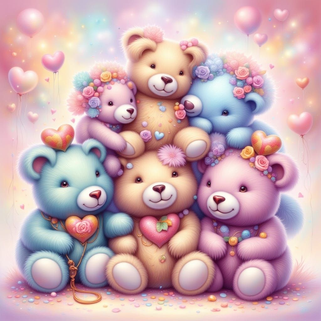 Whimsical Pastel Teddy Bears in Shiny, Sweet Collection