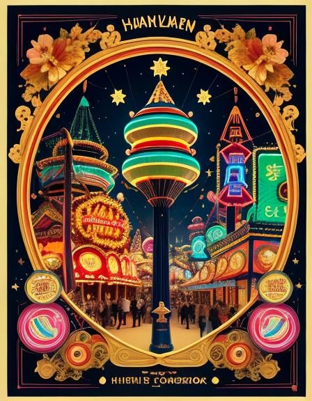 Luminous Flat Design Amusement Park Scene