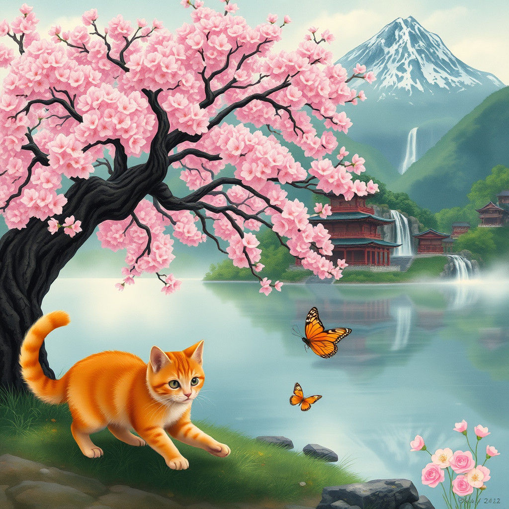 Orange Cat at Japanese Temple: Woodblock Watercolor