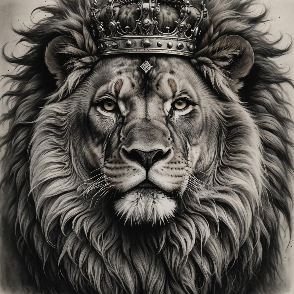 Crowned Lion: Hyperdetailed Charcoal Drawing