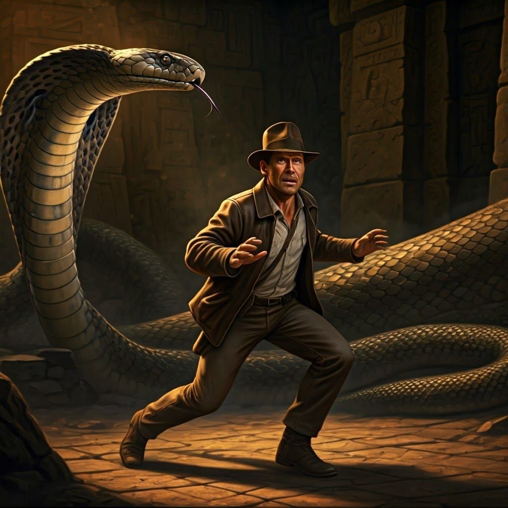 Indiana Jones Confronts Giant Cobra in Cinematic Style
