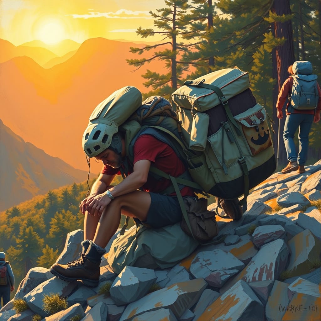 Hikers Share Burden in Neo-Impressionistic Mountain Sunrise