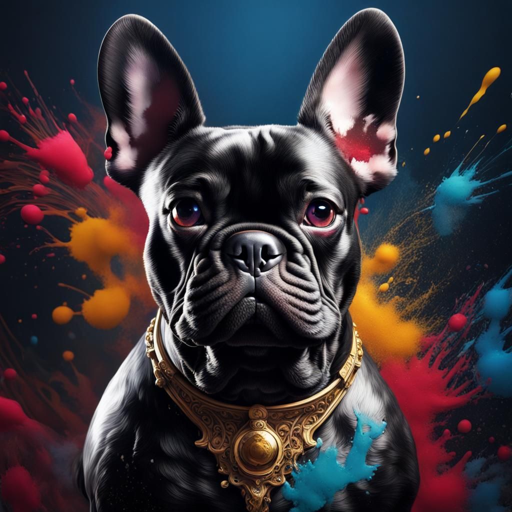 Black French Bulldog Portrait with Paint Splash