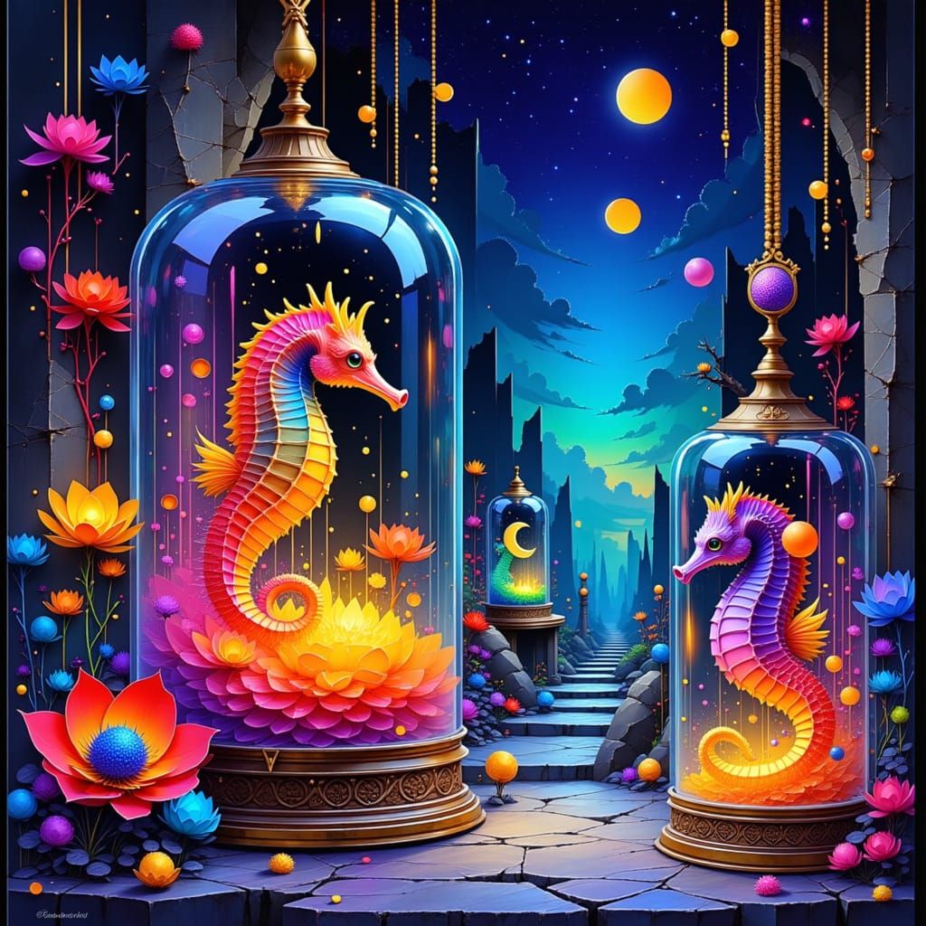 Rainbow Seahorses Feast on Gumdrops in Ornate Vials