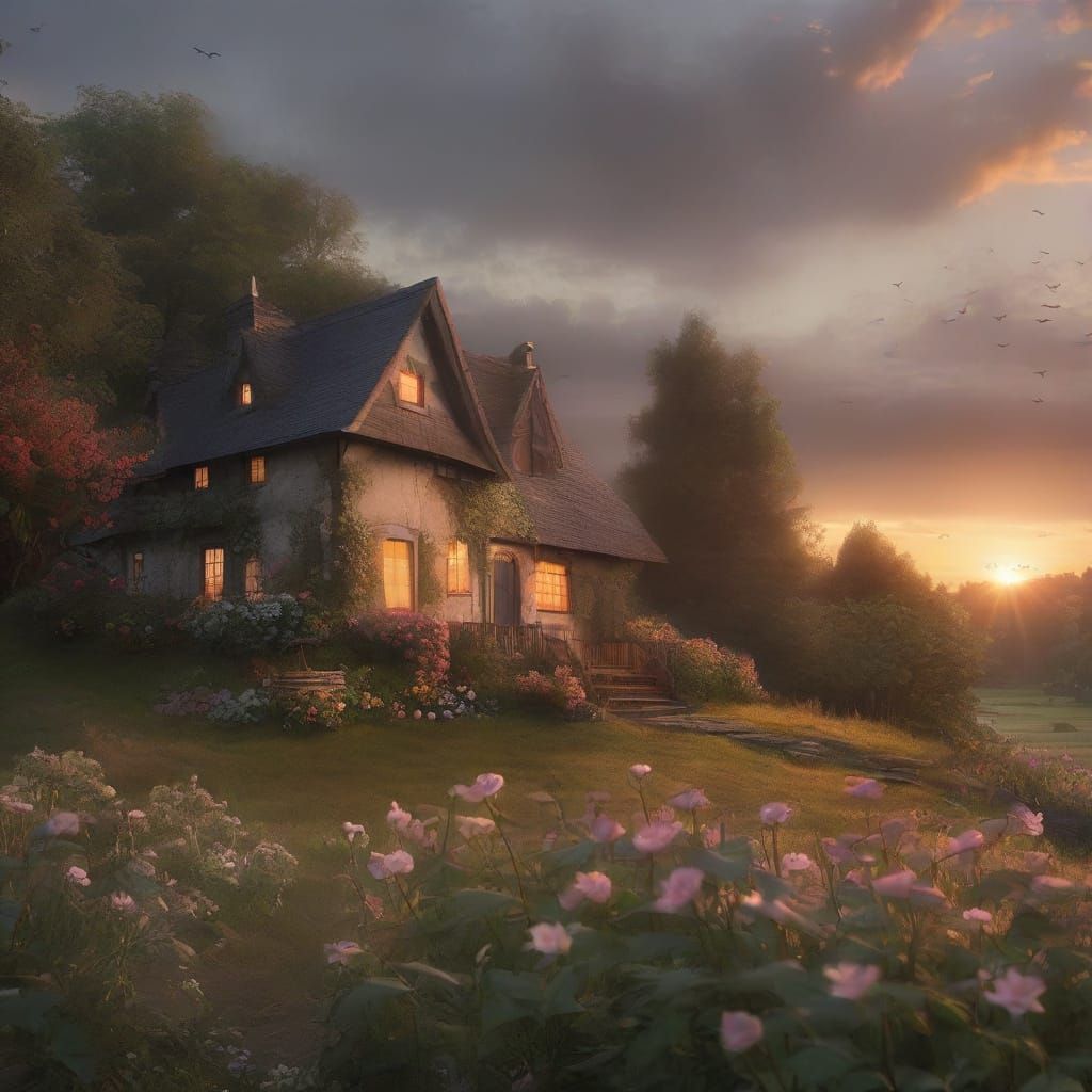 Fine Art Painting of Cottage in Lush Valley at Sunset