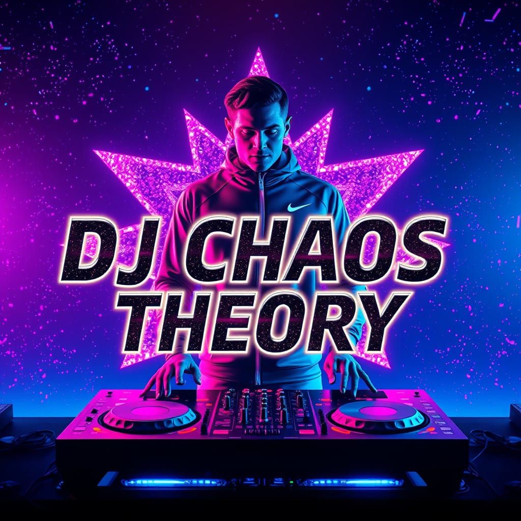 DJ Chaos Theory: Futuristic DJ Setup in Neon-Lit Glitter Sta...