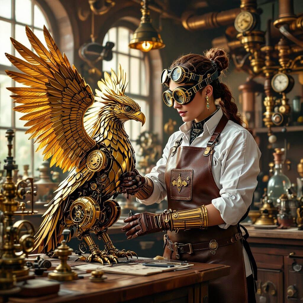 Steampunk Vet with Mechanical Griffin in Lab