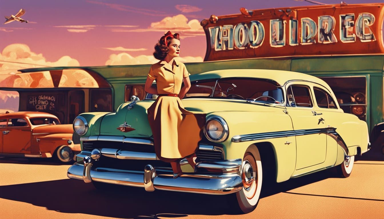 Sultry Pin-Up Girl Adorns Retro-Style Diner in Desert Sunset