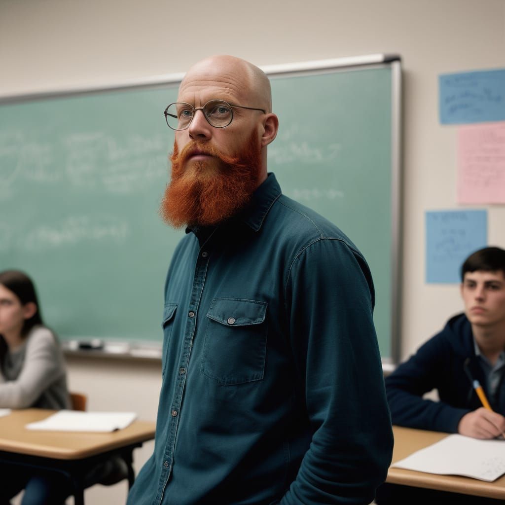 Professor with Vibrant Red Beard Teaches Class with Wisdom a...