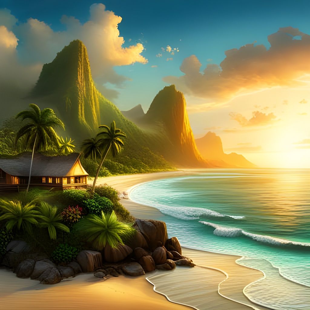 Tropical Island Beach in Digital Matte Painting Style