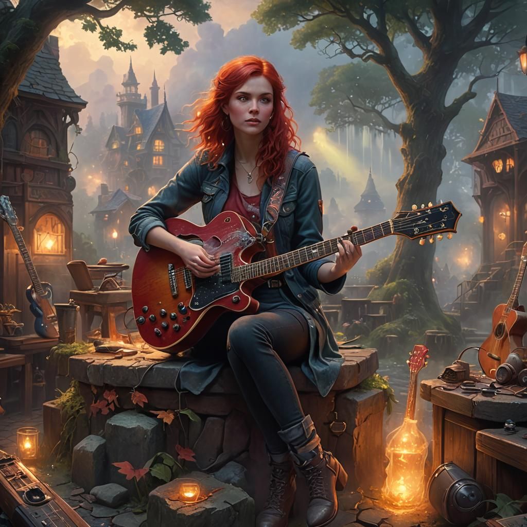 Ethereal Guitar Shop with Red-Haired Girl: Fantasy Art