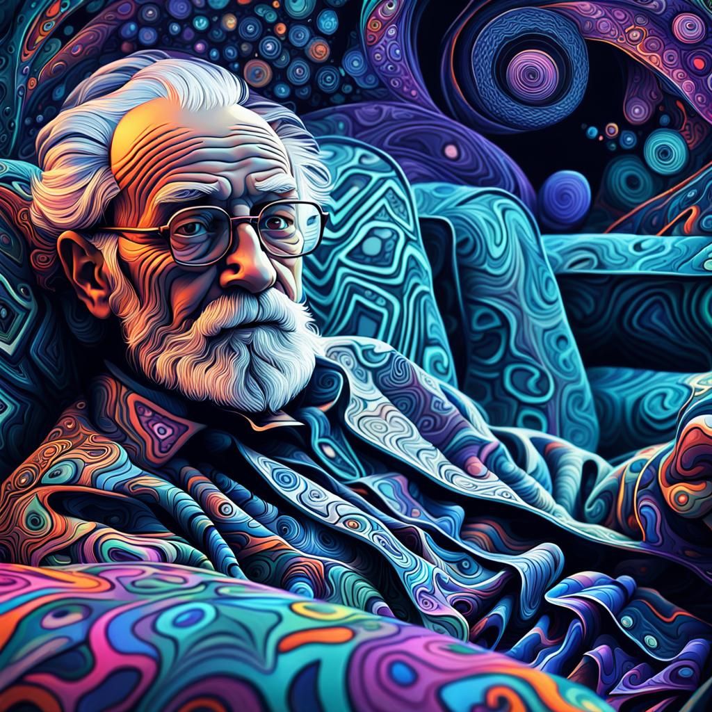 Old Man Gaming on PS5 in Fractal Zentangle Style